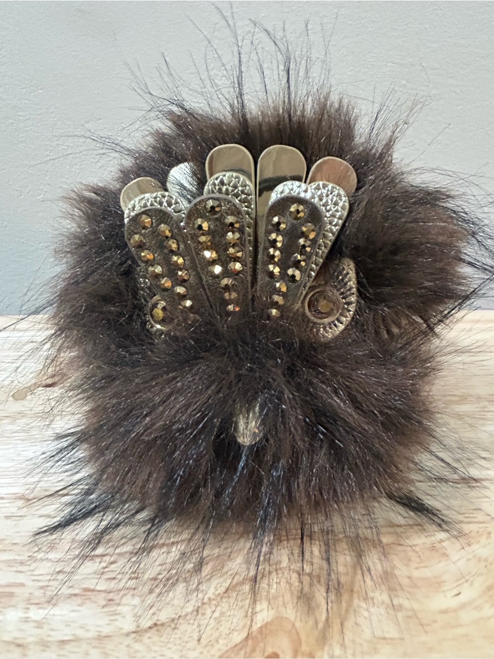 Kurt Geiger Brown Furry Pom-Pom Keychain with Gold-Tone Crystal Accents - Picture 6 of 12